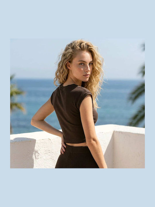 Women's Short Sleeve Top with Neckline Smile Brown