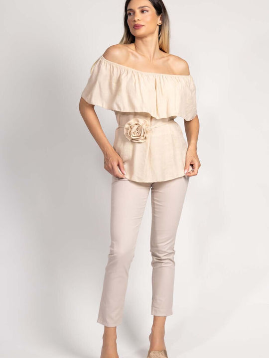 Damen Bluse Kurzärmelig Blumen Beige