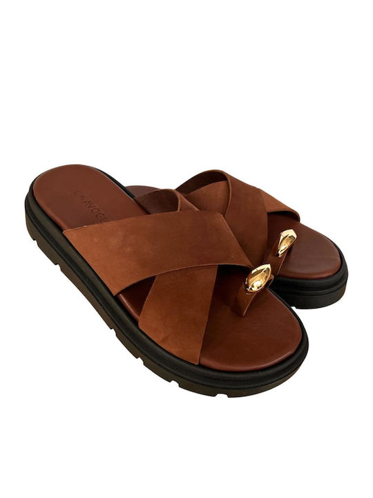 Leather Women's Flat Sandals Flatforms Brown