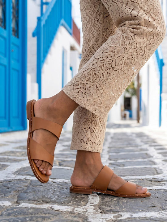 Leather Women's Flat Sandals Tabac Brown