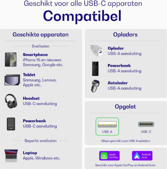Buddi Гъвкав кабел USB-C мъжки - USB-A 12W Бял 2m