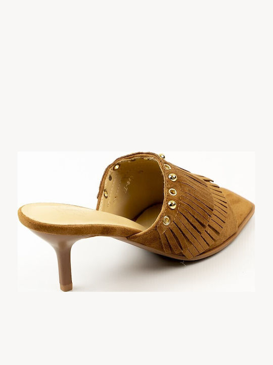 Mules with Thin Heel in Tabac Brown Colour