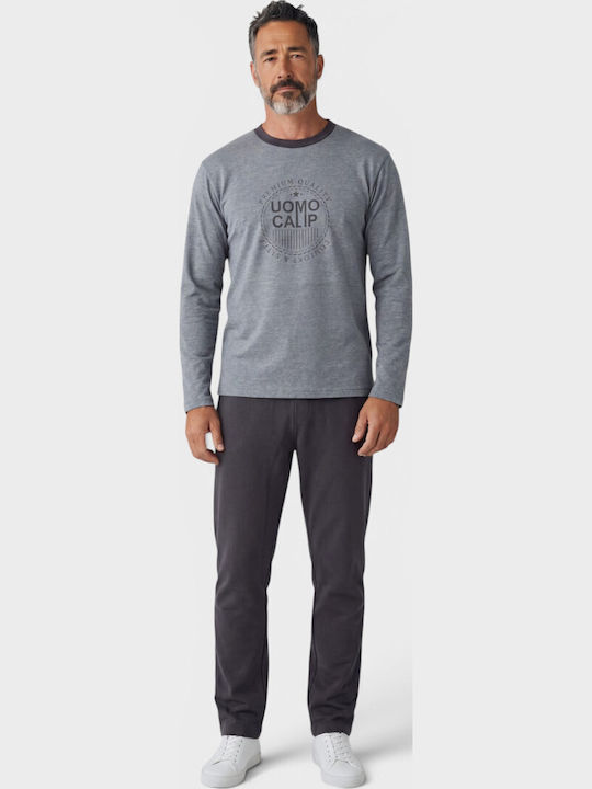 Men's Pyjama Fleece Collection Round Neck & Grey Print Cl2711-1-Grey