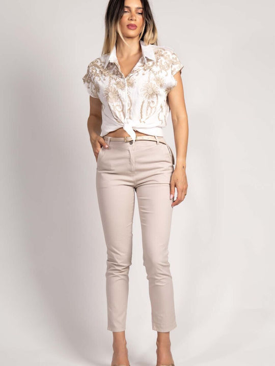 Women's High Rise Fabric Trousers in Slim Fit Beige