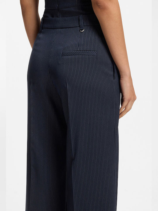 Women's High Rise Fabric Trousers in Regular Fit Striped Navy Blue