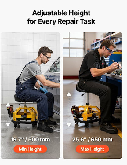 Professional Work Stool Vevor Wheels Adjustable Height 500-650 Mm 360° Rotation 150 Kg Capacity Mechanic Garage Stool Back Storage Tool Tray Professional Chair Upholstered Seat Black Yellow