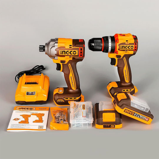 Ingco CKLI20277E Drill Driver & Impact Screwdriver Brushless 20V with 2 Batteries 2Ah and Case