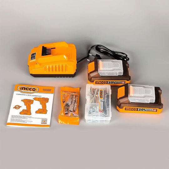 Ingco CKLI20277E Drill Driver & Impact Screwdriver Brushless 20V with 2 Batteries 2Ah and Case