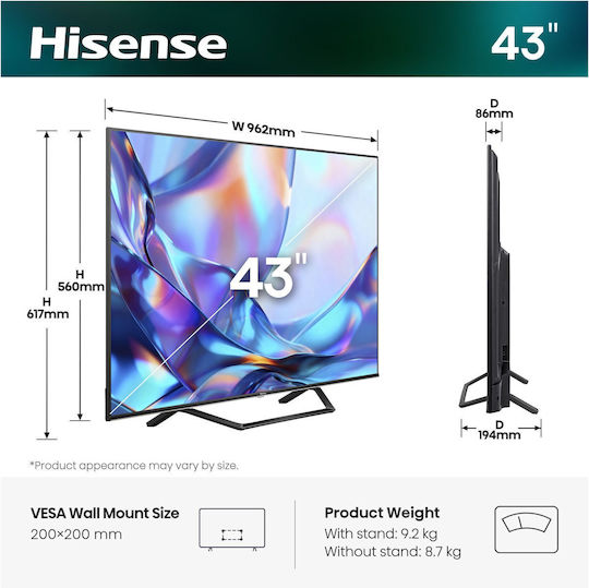 Hisense Smart Τηλεόραση 43" 4K UHD LED 43A7DS HDR (2026)