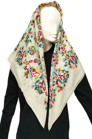 Traditional Attica Menidi Headscarf Ecru Coloured Flowers Mark215 Ivory Flowers