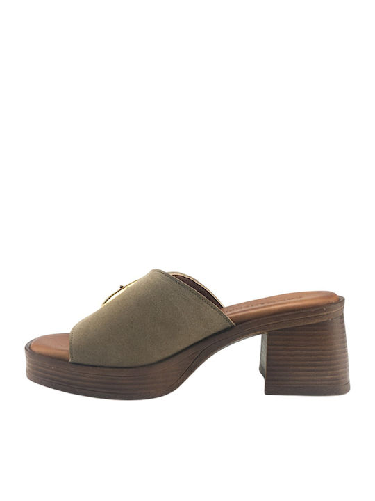 Leather Mules with Chunky Heel in Beige Colour