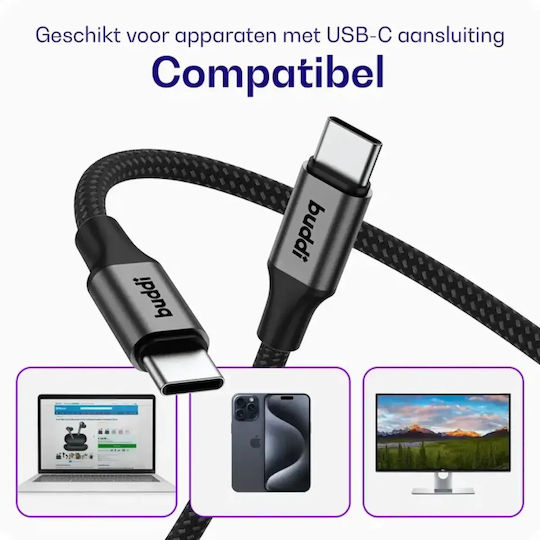 Buddi Flex Braided Cable USB-C male - USB-C 60W Μαύρο 10m