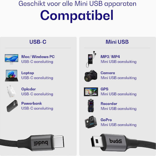 Buddi Flex Braided Cable USB-C male - mini USB-A 12W Μαύρο 1m