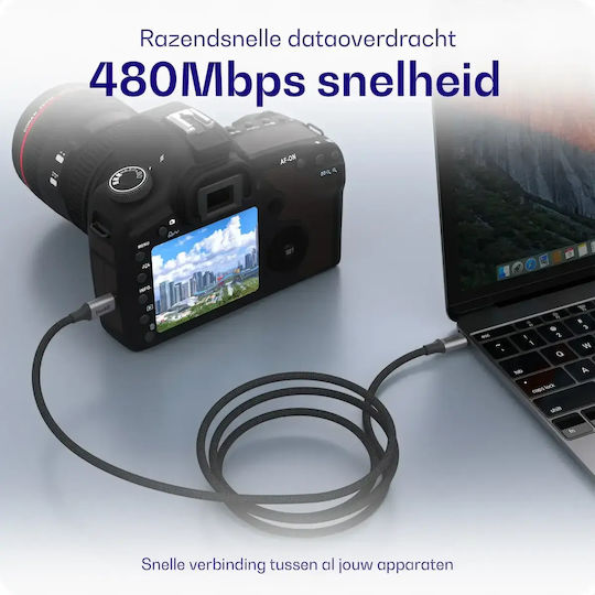 Buddi Гъвкав плетен кабел USB-C мъжки - USB-C 12W Черен 0.3m