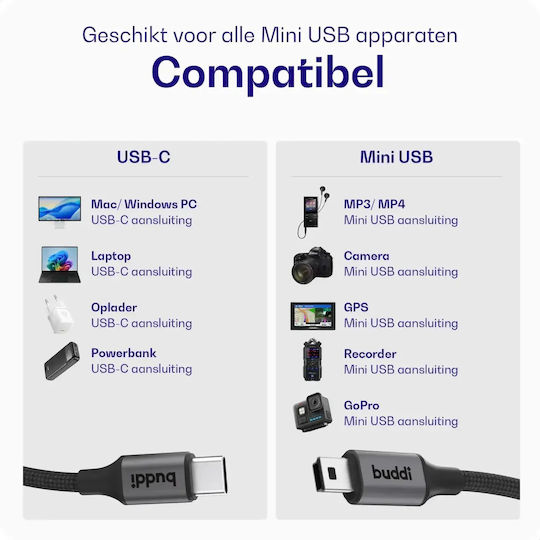 Buddi Гъвкав плетен кабел USB-C мъжки - USB-C 12W Черен 0.3m