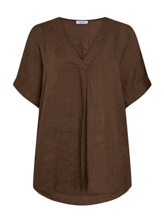 Celestino Bluza Damă Din In Cu Plisuri Fit Loose Maro