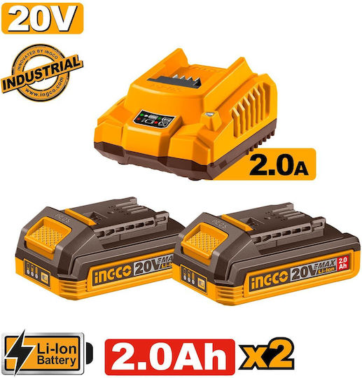 Ingco Set 2 Werkzeugbatterien Lithium 20V Kapazität 2Ah mit Ladegerät