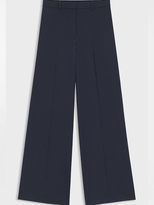 Women's High Rise Fabric Trousers in Regular Fit Striped Navy Blue