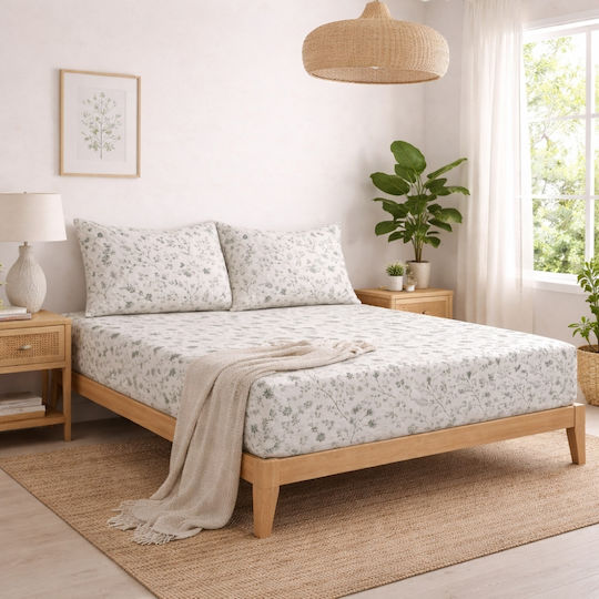 My Home Luxury Grezzena Super-Double Bed Sheet Set With 2 Pillowcases Fitted 160x200cm Green 3 Pieces