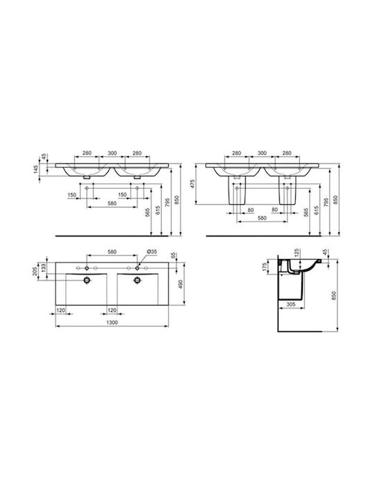Ideal Standard Connect Chiuvetă Porțelan 130x49x17.5cm Albă