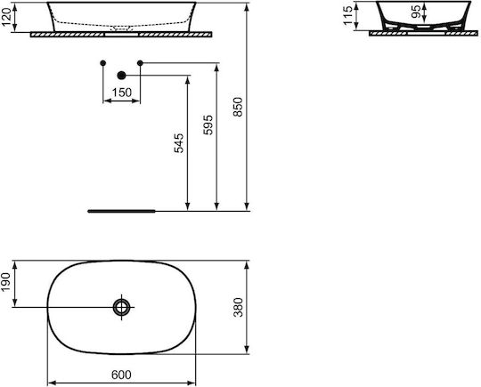 Ideal Standard Ipalyss Einbau Badezimmerwaschbecken Porzellan 60x38x12cm Schwarzes
