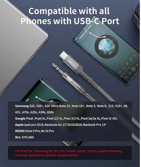 Jsaux Плетен кабел USB-C мъжки - 3,5 мм Сив 1 м
