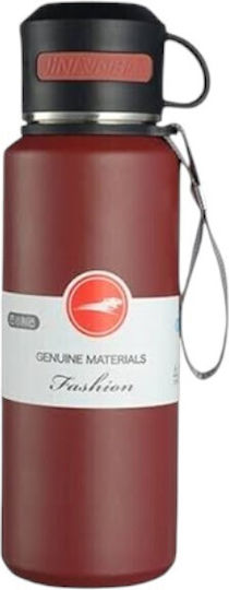 Portable Thermos Bottle Stainless Steel / Plastic 600ml Red with Handle