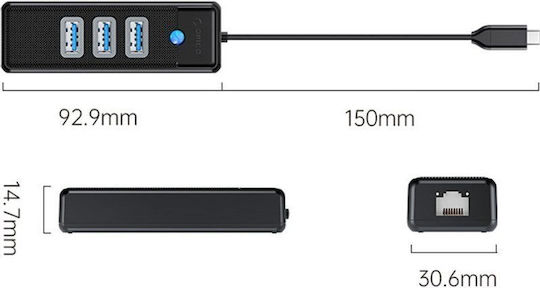 Orico USB Hub 4 Ports with USB-C / Ethernet Connection