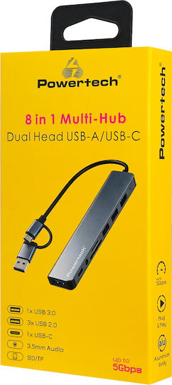 Powertech USB Hub 8 Ports USB 3.0 with USB-C Connection Grey