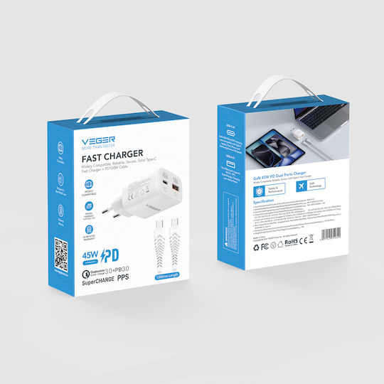 Veger GaN Charger with USB-A Port and USB-C Port and USB-C - USB-C Cable 45W Power Delivery / Quick Charge 3.0 White (TR121)