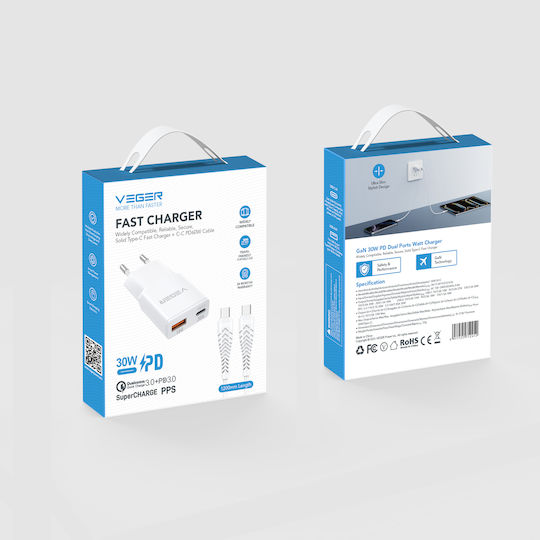 Veger Încărcător GaN cu Port USB-A și Port USB-C și Cablu USB-C - USB-C 30W Power Delivery / Quick Charge 3.0 / SuperCharge Alb (TR120-1A1C)
