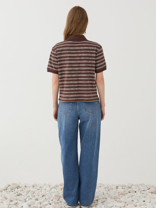 Damen Polo Bluse Kurzärmelig Gestreift Braune