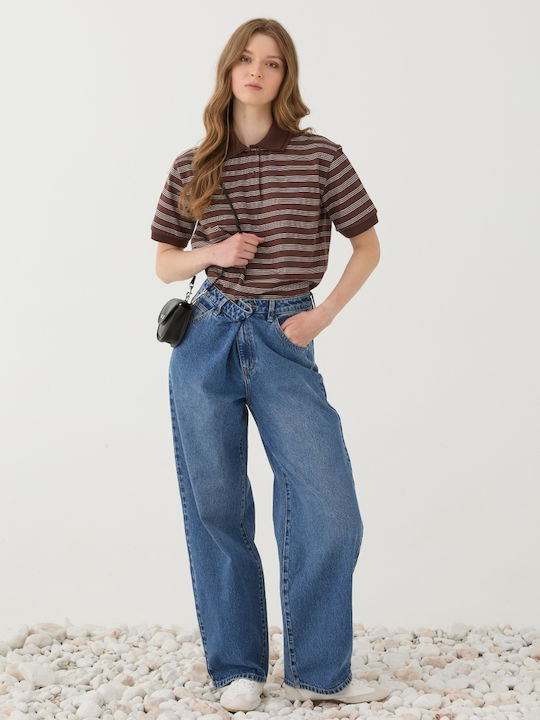 Damen Polo Bluse Kurzärmelig Gestreift Braune