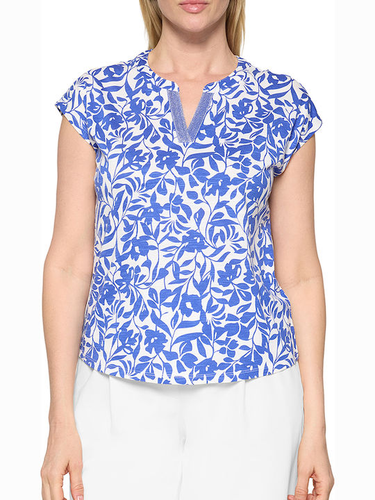 Betty Barclay Damen Bluse Baumwolle Kurzärmelig mit V-Ausschnitt Blau