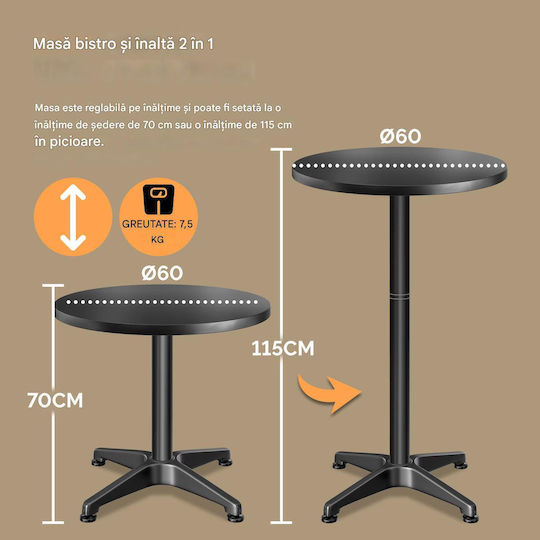 Masă Bar Rotundă Din Lemn Cu Cadru Din Aluminiu Negru 60x60x70cm