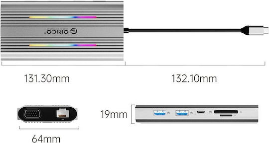 Orico XDR 12in1 RGB USB-C Docking Station με HDMI 4K PD Ethernet Γκρι