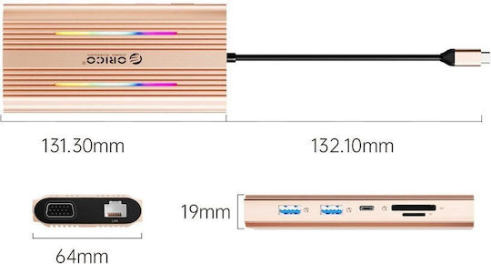 Orico XDR 12in1 RGB USB-C Docking Station με HDMI 4K PD Ethernet Ροζ Χρυσό