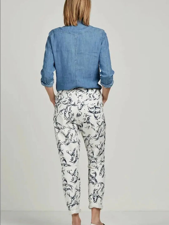 Дамски Текстилен Панталон в Boyfriend Кройка White/blue