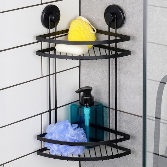 Corner Wall Mounted Bathroom Shelf Metallic with 2 Shelves and Suction Cups 25x18x37cm Black