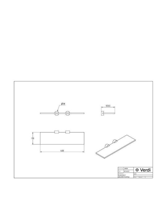 Verdi Omicron Wall Mounted Bathroom Shelf Glass 40x12.5x4.4cm White