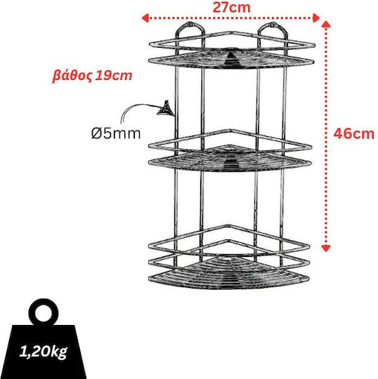 Tekno-Tel 455.BK023/ST Γωνιακή Επιτοίχια Ραφιέρα Μπάνιου Inox με 3 Ράφια 27x19x46cm Ασημί