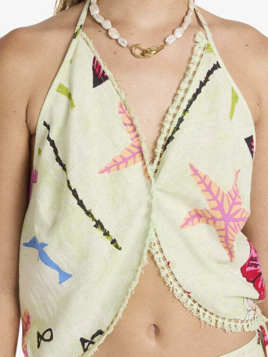 Women's Cotton Sleeveless Top with Neck Tie Floral Sunny Lime