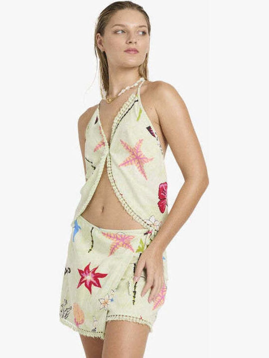Women's Cotton Sleeveless Top with Neck Tie Floral Sunny Lime