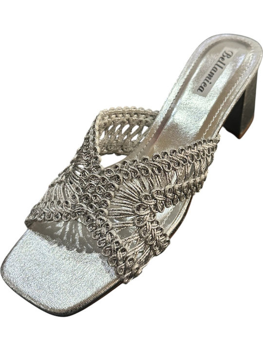 Mules with Chunky Low Heel in Silver Colour
