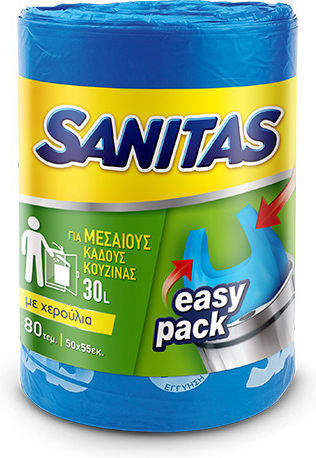 Sanitas Săculeți de Gunoi Capacitate 30lt cu Mânere Easy-Pack 50x55cm 80buc Albastru