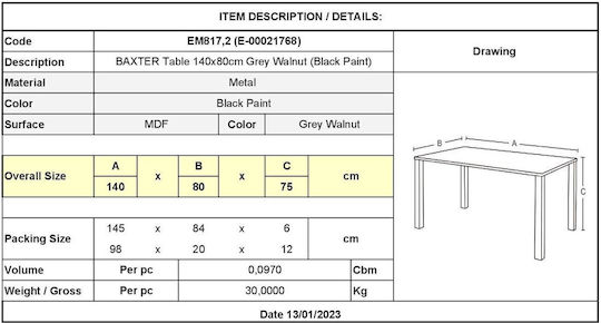 Baxter Table Dining Room Wooden with Metal Frame Black Velvet-Black Metal 140x80x75cm