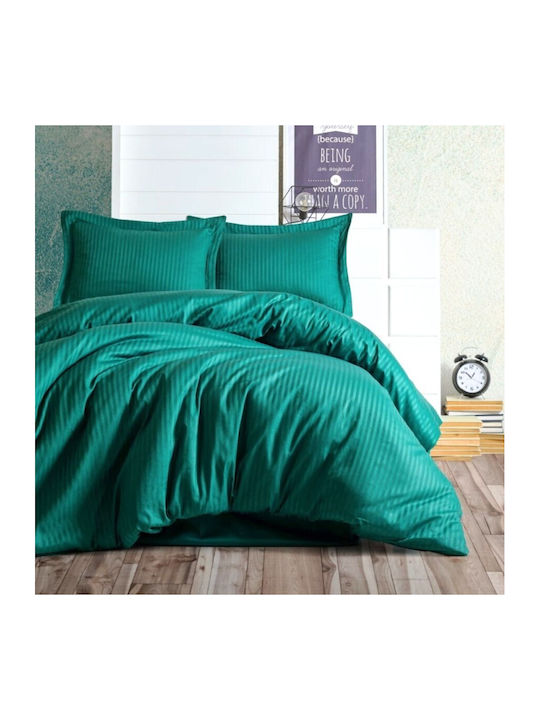 Premium Luxury Satin Bedding Set Cotton Box Stripe Petrol Green