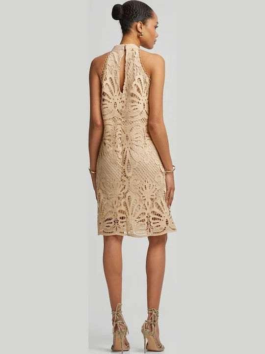 Summer Midi Dress for Wedding / Christening Off-Shoulder with Lace Natural