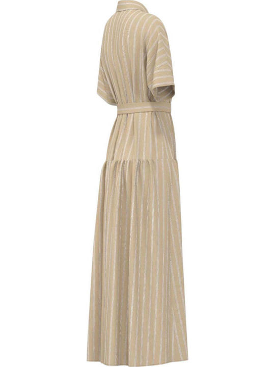 Summer Maxi Shirt Dress Short Sleeve Beige