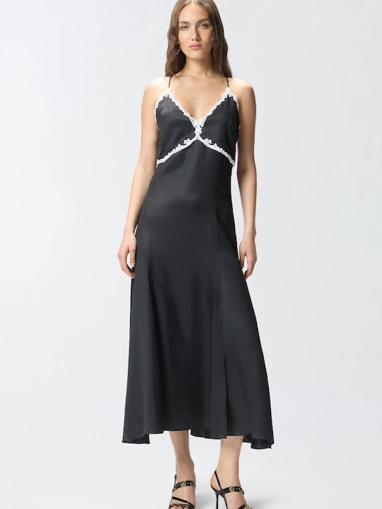 Summer Midi Slip Dress for Wedding - Christening Satin with Lace Black
